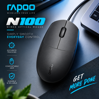 Rapoo N100 Wired Optical Mouse (Black) – 1000 DPI Precision Sensor, Ambidextrous Ergonomic Design, 1.5M Cable & 2-Year Warranty